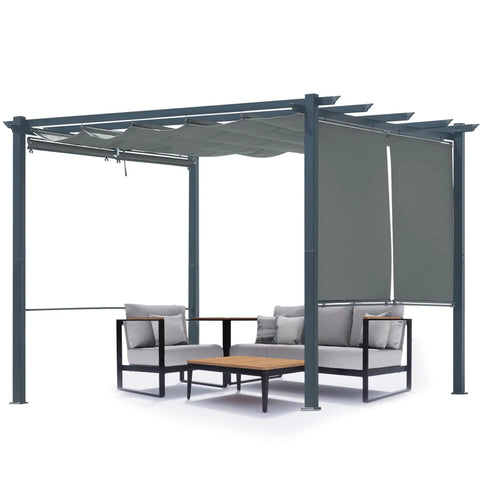 10 By 10 Ft Outdoor Pergola With Retractable Shade Canopy Matte Aluminum Frame Four Roller Shade Curtains Grape Trellis Grey