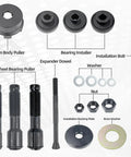 Components of All In One Motorcycle Wheel Bearing Puller Tool Kit For Most Models With 25mm Bearings displayed on a white background