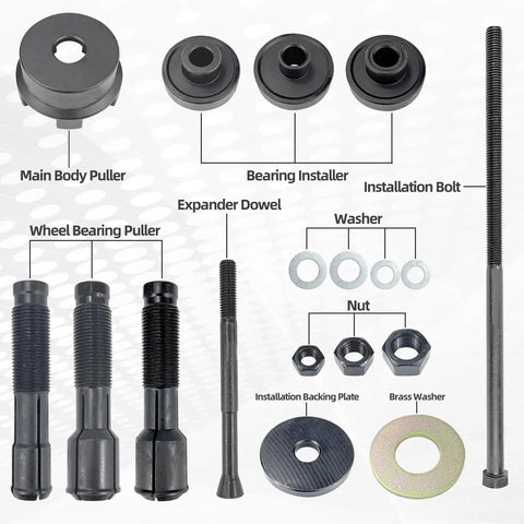 Components of All In One Motorcycle Wheel Bearing Puller Tool Kit For Most Models With 25mm Bearings displayed on a white background