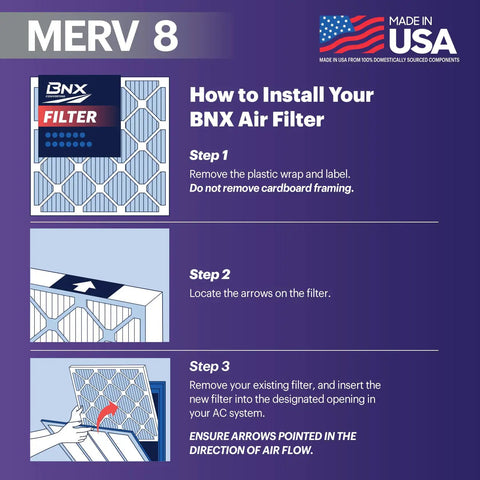Installation steps for BNX MERV 8 air filter, showing filter illustration and step-by-step guide with USA flag logo.
