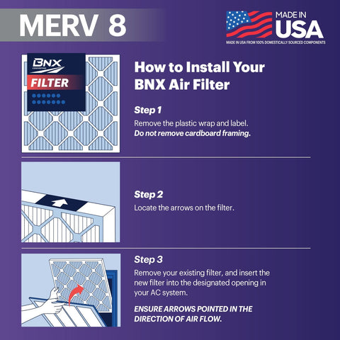 Instructions for installing 20x25x1 Air Filter MERV 8 6 Pack Made In USA in HVAC system with step-by-step guide and images.