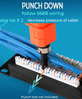 Punch down block on 12 Port Cat6 Patch Panel With 10G Support For Home Networking, highlighting cable installation steps.