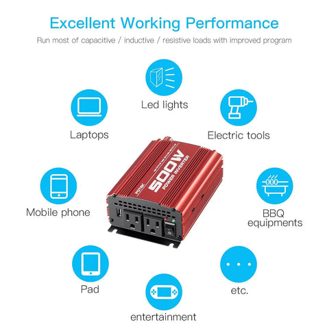 Heavy Duty Car Power Inverter Pumps Out Five Hundred Watts From Dc Twelve To Ac 110V With Dual Plugs And Quick Usb For Your Rig, showing device use.