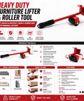 Heavy Duty Furniture Mover Kit With Lifter Tool And 360 Degree Roller Sliders, ergonomic handle with black roller for easy moving.