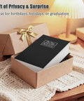 Diversion Book Safe With Three Digit Combination Lock Hidden Safe In Plain Sight For Cash Jewelry Passports And Other Valuables Stash Ready Metal Box Nine Point Five By Six Point Two By Two Point Two Inches Black disguised as a dictionary on a desk with gift box