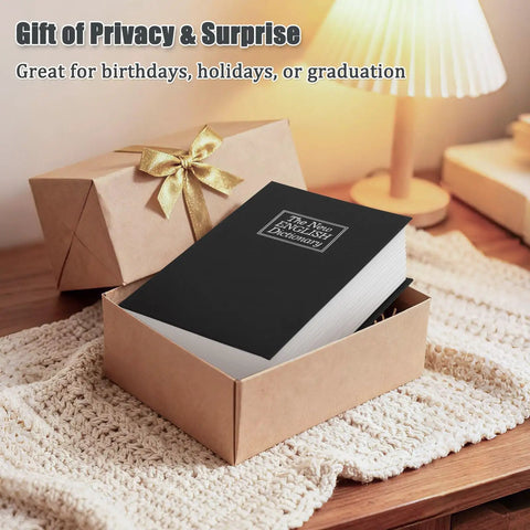 Diversion Book Safe With Three Digit Combination Lock Hidden Safe In Plain Sight For Cash Jewelry Passports And Other Valuables Stash Ready Metal Box Nine Point Five By Six Point Two By Two Point Two Inches Black disguised as a dictionary on a desk with gift box