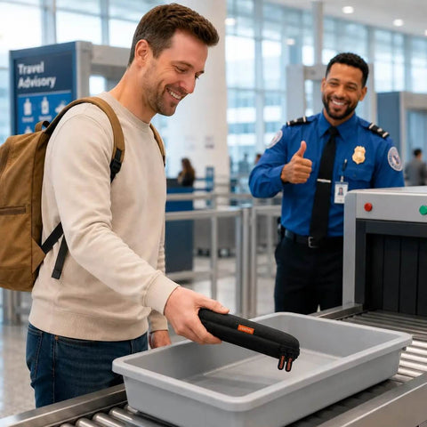 Man at airport security holding a Compact Hard Shell Zipper Case For Portable Electronics in a tray, ready for screening.