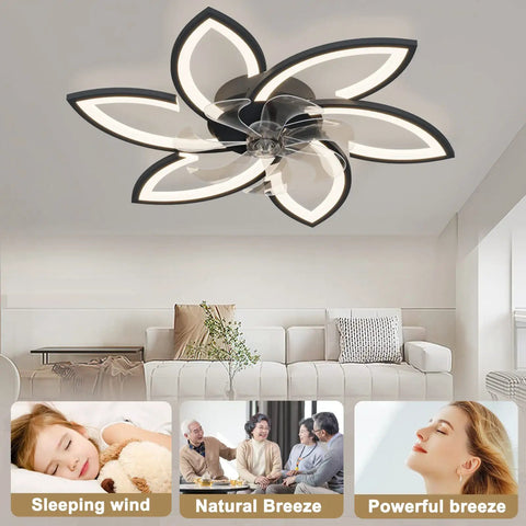 Low Profile Ceiling Fan With Lights And Remote, Modern Dimmable Smart Fan Light Combo with flower shade in living room