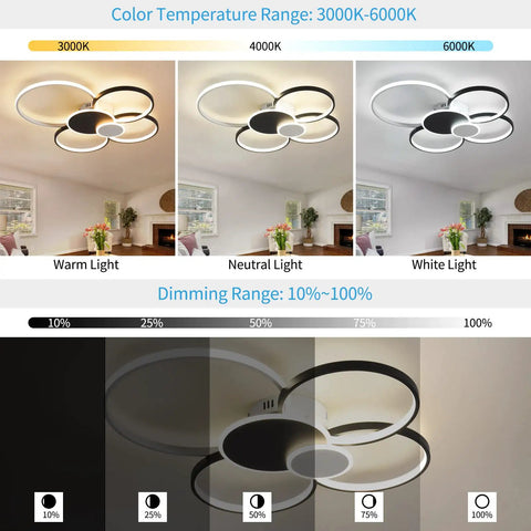Lighting settings for 6 Ring Black LED Ceiling Light Fixture With Remote Control 60W Dimmable Flush Mount Chandelier showing color temperature and dimming range.