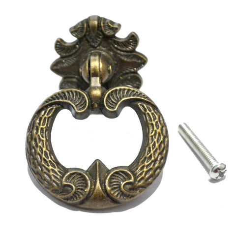 4 Pcs Bronze Drawer Ring Pulls With Screws, Vintage Victorian Floral Pattern Antique Single Hole Handles, ring and screw visible