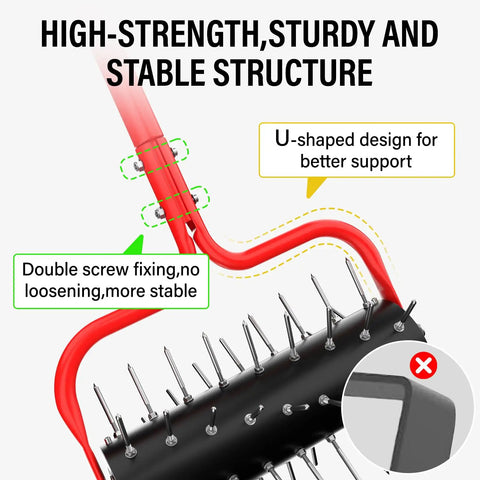 Heavy Duty Rolling Lawn Aerator With Upgraded 54 Pre Attached Spikes showing U-shaped handle and stabilized screw fixings.