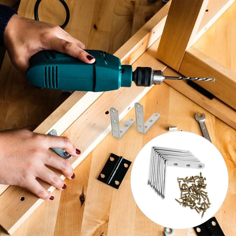 Using Stainless Steel 90-Degree Corner Brackets With Screws for desk assembly, shown with tools and hardware, 10 pack.