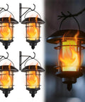 4 Pack Solar Powered Flame Wall Lanterns Outdoor Waterproof Sconce Lights Flickering Led Candles Auto On Off Solid Build Zero Wiring Hassle Slick Backyard Glow Up, showing four lanterns on a wall with flickering flames.