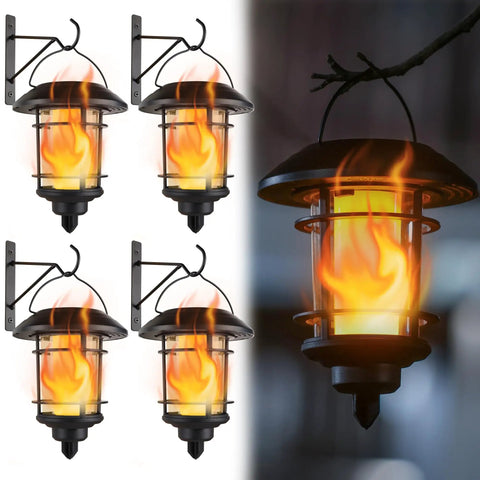 4 Pack Solar Powered Flame Wall Lanterns Outdoor Waterproof Sconce Lights Flickering Led Candles Auto On Off Solid Build Zero Wiring Hassle Slick Backyard Glow Up, showing four lanterns on a wall with flickering flames.