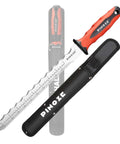 PINOZE 11-inch insulation knife with stainless steel serrated blade, laser scale, orange handle, and sheath