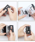 Hands holding Hero 7 White And Silver Waterproof Housing Case With 30m Depth, showing opening mechanism and fit for GoPro camera.
