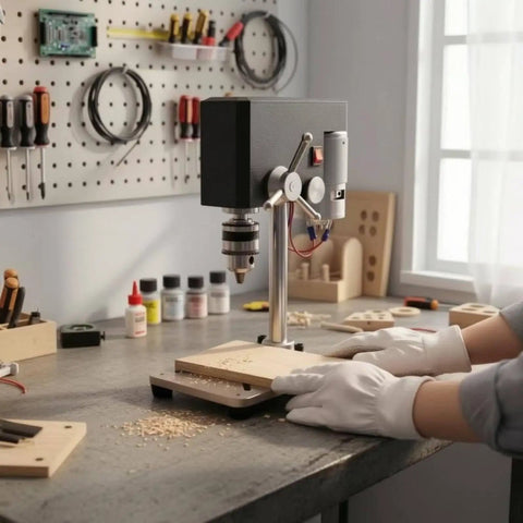 This nifty mini bench drill press is a total game changer for your garage workshop, showcasing precision on a wood project.