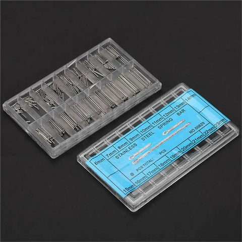 Spring Bars Assortment Kit 6 To 23mm Tungsten Steel U Shaped Watch Band Pins in durable storage box, top view