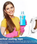 Woman holding a bottle with Seal Tape Roll Three Quarter Inch By Six Inch With 250 Waterproof Labels for leakproof seals.