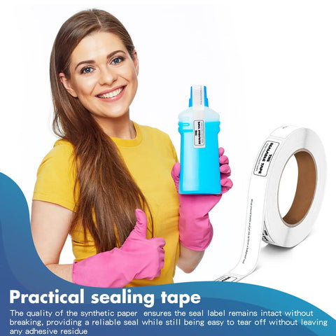 Woman holding a bottle with Seal Tape Roll Three Quarter Inch By Six Inch With 250 Waterproof Labels for leakproof seals.