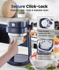 Oplace Home Shaved Ice Machine Electric Snow Cone Maker With Auto Press Button and Blade Adjustment for Slushies Bingsu shows secure click-lock feature on blue compact design.