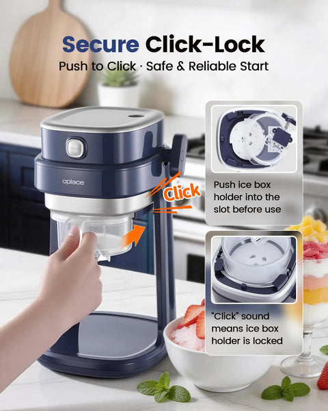 Oplace Home Shaved Ice Machine Electric Snow Cone Maker With Auto Press Button and Blade Adjustment for Slushies Bingsu shows secure click-lock feature on blue compact design.