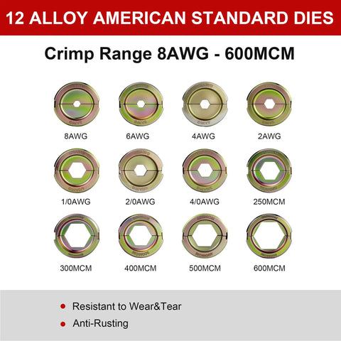 12 alloy standard crimp dies for Heavy Duty Cordless Electric Wire Cable Crimping Tool Boasts 60KN Torque And Brushless Muscle.