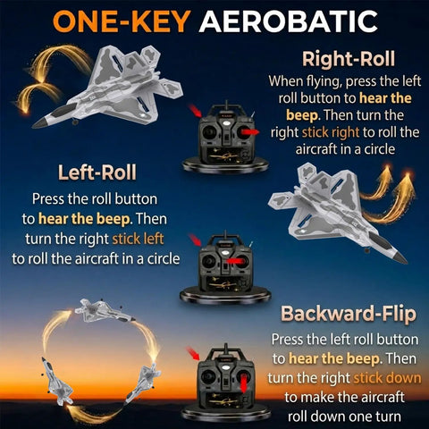 F22 Raptor RC Plane With 4 Channel Easy To Fly System, LEDs, gyro stabilization, showing aerobatic maneuvers with remote control.