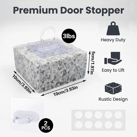Heavy Duty Marble Door Stopper With Handle 3 Lb Solid Stone Door Holder with anti-slip base, gray design, and measurements