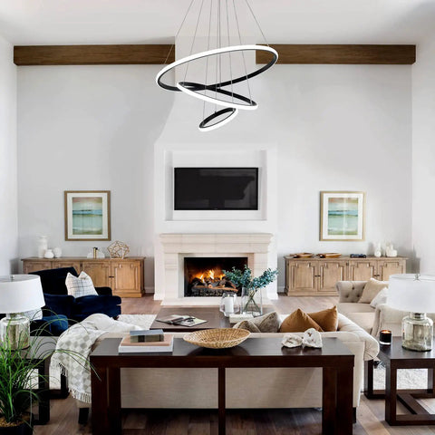 Cool Black LED Chandelier With 3 Color Temps 3000K 4000K 6000K, 60W Hanging Light Fixture in a modern living room