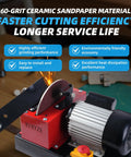 Close-up of Beast Mode Eight Hundred Watt Lawn Mower Blade Sharpener and Bench Grinder with nine inch ceramic grinding wheel focusing on blade sharpening.