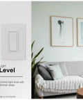 Two Pack White Rocker Dimmer Switches For LED Lights Single Pole On Off Dimmable Paddle Dimmer With Smooth Slide Control Energy Saving UL Listed Wall Mount Easy Install shown on living room wall next to sofa