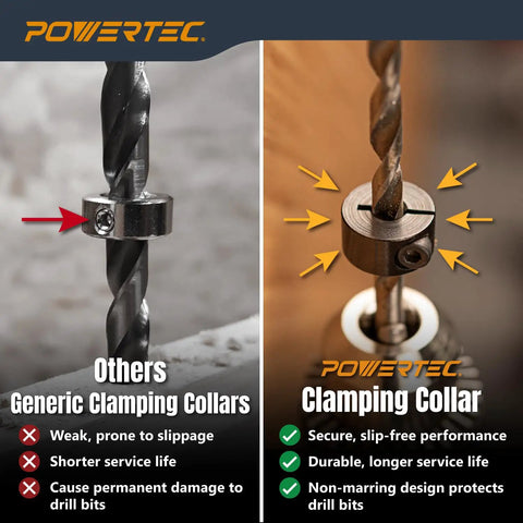 Seven Piece Metric Drill Bit Depth Stop Collar Set Built Tough For Dead Nuts Accurate marked sizing 3mm to 12mm, clamping collar comparison.