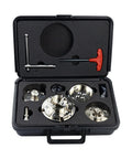 Dead Serious 4 Inch Nickel Plated Wood Lathe Chuck Set With Knockout Rust Shield And Quick Swap 1 X 8 Tpi Plus 3 4 X 16 Tpi Thread Adapters in sturdy carrying case.