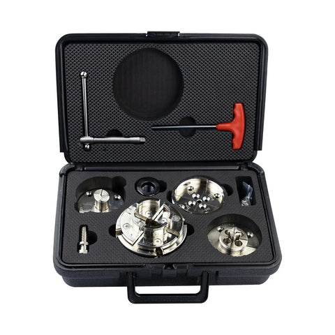 Dead Serious 4 Inch Nickel Plated Wood Lathe Chuck Set With Knockout Rust Shield And Quick Swap 1 X 8 Tpi Plus 3 4 X 16 Tpi Thread Adapters in sturdy carrying case.