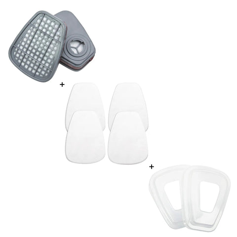 8-Pack Replacement Carbon Filters For Respirator Masks, showing pro-grade multi-layer cotton filtration components and snap-on design.