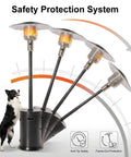 47000 BTU Outdoor Patio Heater With Round Table Design And Wheels Propane Gas Standing Heater With Double Layer 304 Stainless Steel Burner 20 Foot Radius Black Hammered Finish Perfect For Patios Decks And Backyards with safety protection system illustration and anti-tip safety features, shown with a dog for scale.