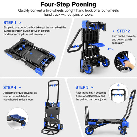Four-step process to convert Heavy Duty Folding Hand Truck With Four Wheel And Two Wheel Convertible Dolly Cart