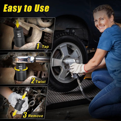 Mechanic using 6 Piece Lug Nut Removal Kit For Damaged And Stripped Bolts, Half Inch Drive Wheel Lock Extractor, demonstrating tap, twist, remove method