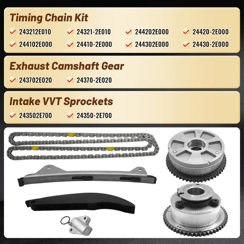 2.0L Timing Chain Kit With Camshaft Sprockets For Hyundai Elantra 2017 To 2020 Kona 2018 To 2021 Veloster 2019 To 2021 And Kia Forte 2017 To 2022 with chain, gears, and sprockets displayed