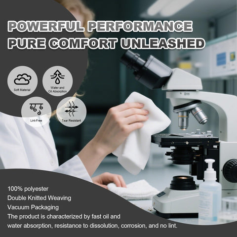 Scientist using Ultra Soft 9x9 Cleanroom Wipes 50 Count 100 Polyester Microfiber Class 100 120 GSM for microscope cleaning