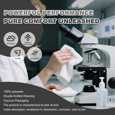 Top Shelf Polyester Microfiber Cleanroom Wipes 9X9 Inches 120 Gsm Class 100 Dead Soft Lint Free Reusable Washable Laser Sealed Straight Up Precision Grade For Lab Tech Surfaces Bag Of 150 being used to clean a microscope in a lab.