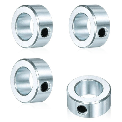 Real Deal Four Pack Three Quarter Inch Bore Solid Steel Shaft Collars With Heavy Duty Zinc Coating And Reliable Cup Point Set Screws. Four zinc-coated collars.
