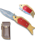 Handmade Copper Damascus Folding Knife With Ladder Pattern Blade Brass Engraved Red Resin Handle Leather Sheath EDC Ready