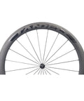 Front view of 50mm Carbon Wheelset For Road Bikes With Tubeless Ready Clincher Rims And Rim Brake Compatibility, showing spokes and hub