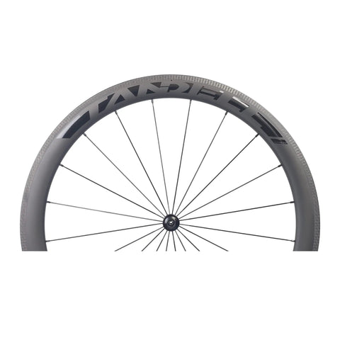 Front view of 50mm Carbon Wheelset For Road Bikes With Tubeless Ready Clincher Rims And Rim Brake Compatibility, showing spokes and hub