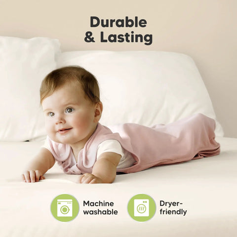 Baby wearing Two Pack Organic Cotton Baby Sleep Sacks 0.5 TOG For 6 To 18 Months Butterflies Pattern Wearable Blanket on bed