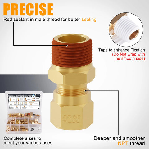 Brass DOT air brake line fittings kit with 1/4, 1/8, 3/8, 1/2 in compression adapters and storage case