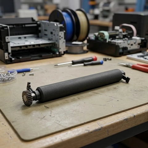 Rubber Bearing Platen Roller Kit For Zebra GK420D GX420D GK430D GX430D ZP450 ZP500 ZP505 ZP550 Printers To Prevent Paper Jams And Keep Work Flowing Smooth Like Butter High Quality Do Not Stress You Will Be Glad It Runs Smooth Guaranteed Today. black rubber platen roller with gear on workbench