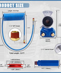 Semi Truck Air Brake Hose Coil Set With 1/2 In NPT DOT Fittings Red And Blue Leads Glad Hands Grips And Rubber Seals 15 Ft Plus 40 In Tractor Leads Pigtail Airline Kit For Rig Durable Value Pack diagram showing hoses and fittings dimensions